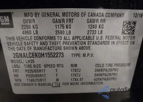 2017 Chevrolet Equinox Lt from USA, damaged, VIN 2GNALCEK0H1552273